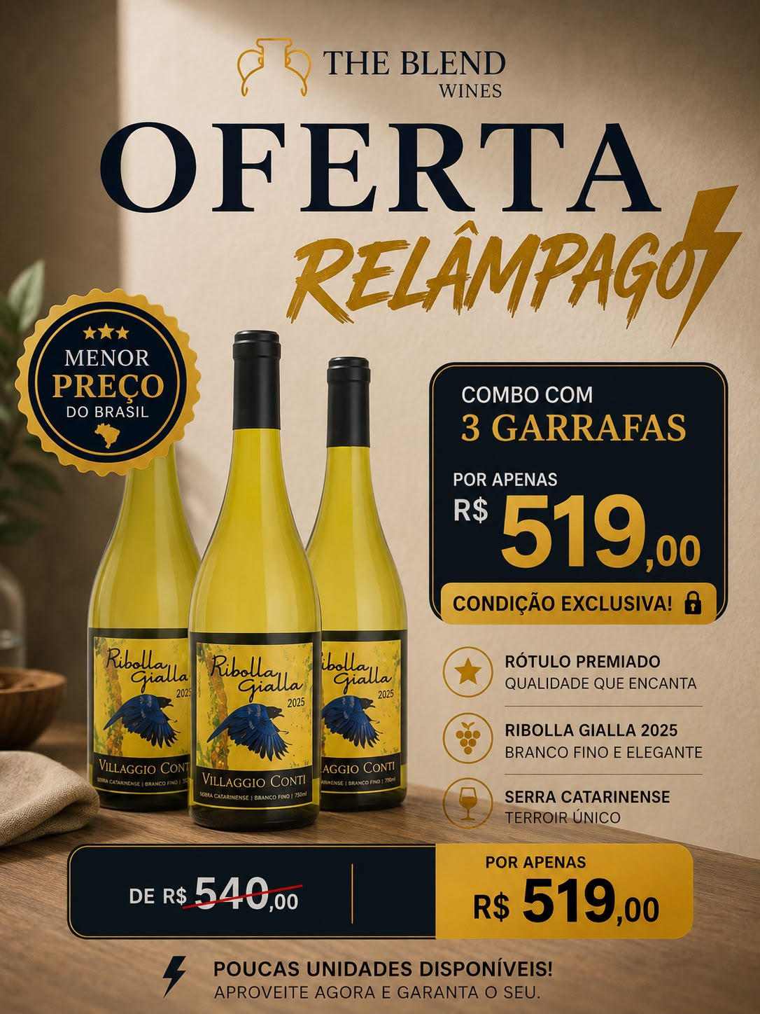 Combo Relâmpago – 3 Ribolla Gialla Villaggio Conti 2025